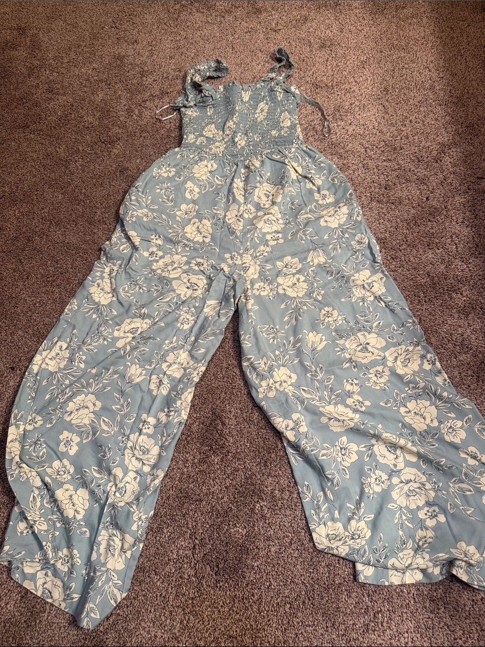 Patrons of Peace Blue and Cream Floral Smocked Wide-Leg Jumpsuit